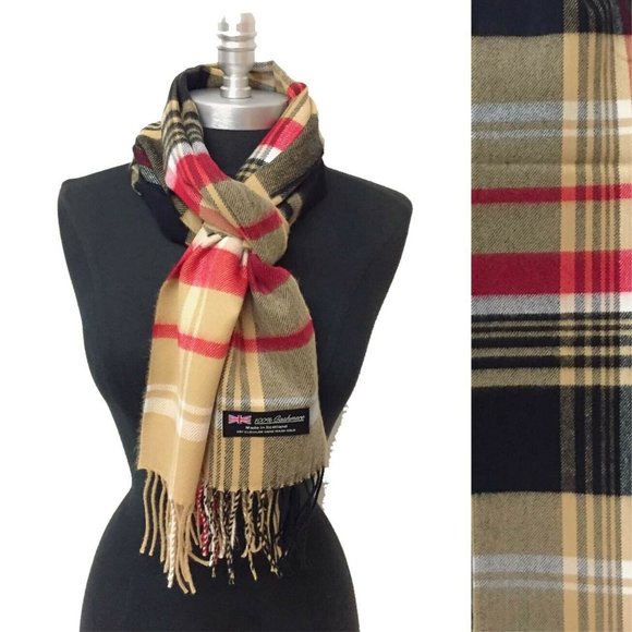 Men\'s Plaid Camel/Red/Black SOFT CASHMERE Scarf